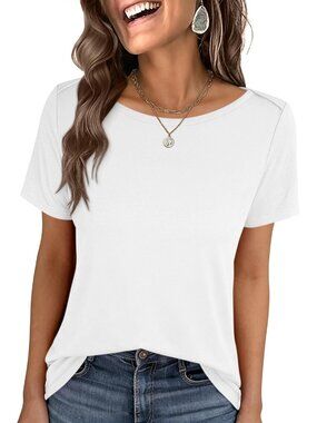 Women's White Boat Neck Tops Short Sleeve T-Shirts Causal Fashion Clothes
